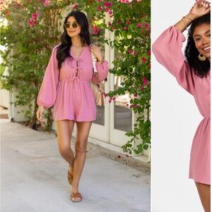 Pink Lily Endless Sunshine Pink Tie Front Long Sleeve Romper